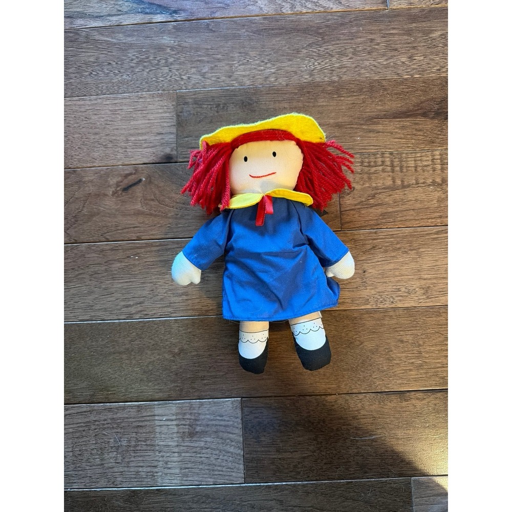 Vintage 1990 Madeline Plush Doll. Blue dress, Yellow hat, Made by Eden, Bemelman